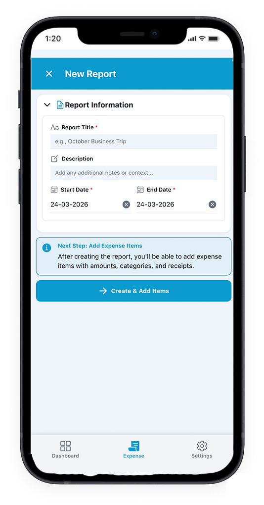 Create a new report in the Medray Expense mobile app